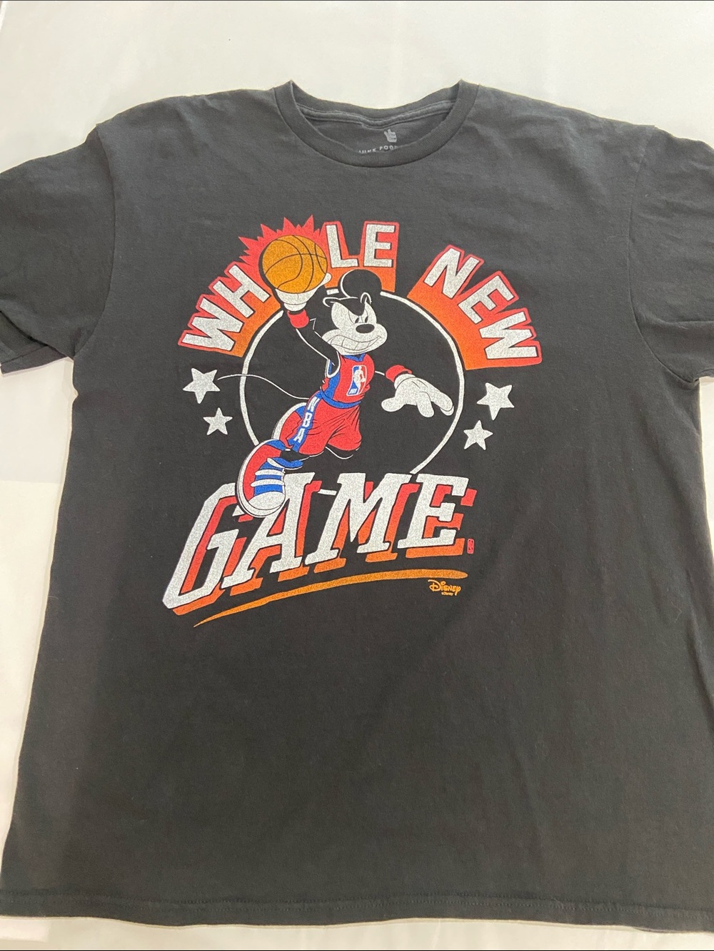 Disney Black T-Shirt with Red, White, Blue and Orange Mickey Basketball Graphic